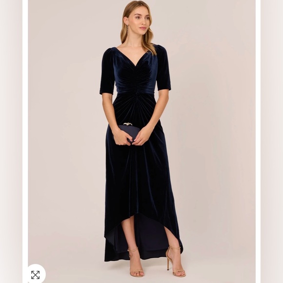 Adrianna Papell Shirred Velvet Dress, Elbow Length Sleeves, Size 12, Navy Blue - Picture 2 of 7